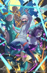 aqua-tinted_eyewear aqua_eyes arm_up black-framed_eyewear blue_sky blueberry_academy_school_uniform brown_eyes closed_mouth cloud commission commissioner_name gen_8_pokemon highres holding holding_tera_orb indeedee indeedee_(female) iron_crown long_sleeves mochachiiino nintendo non-humanoid_robot open_mouth pixiv_commission pokemon pokemon_(creature) robot round_eyewear school_uniform shirt short_hair signature sky smile sun sunglasses tera_orb tinted_eyewear white_hair white_shirt