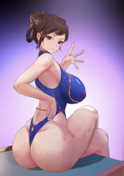 Rule 34 | 1girl, absurdres, ass, blue one-piece swimsuit, braid, braided hair rings, breasts, brown eyes, brown hair, capcom, casual one-piece swimsuit, chun-li, crossed legs, double bun, feet out of frame, gradient background, hair bun, hair rings, highres, large breasts, official alternate costume, one-piece swimsuit, one-piece thong, sanseki-hahn, short hair, solo, street fighter, street fighter 6, swimsuit, waving