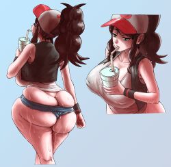 1girl ass baseball_cap black_vest blue_background blue_eyes breasts brown_hair cowboy_shot cropped_legs drinking drinking_straw from_above from_behind hat hilda_(pokemon) huge_ass huge_breasts long_hair matsumaruyama multiple_views nintendo pokemon pokemon_bw ponytail short_shorts shorts simple_background sleeveless solo standing sweat tank_top undersized_clothes vest white_tank_top wide_hips wristband