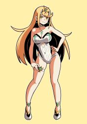 Rule 34 | 1girl, absurdres, blonde hair, breasts, choker, cianter, cleavage, collarbone, core crystal (xenoblade), covered navel, full body, hand on own hip, highres, large breasts, long hair, looking at viewer, mythra (radiant beach) (xenoblade), mythra (xenoblade), one-piece swimsuit, simple background, skindentation, solo, swept bangs, swimsuit, tiara, v-shaped eyebrows, white choker, white one-piece swimsuit, xenoblade chronicles (series), xenoblade chronicles 2, yellow background, yellow eyes