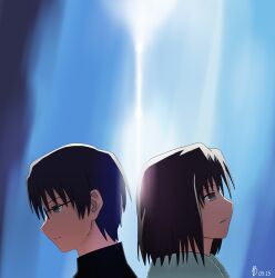 Rule 34 | 1boy, 1girl, absurdres, black hair, black shirt, blue eyes, boton, brown eyes, brown hair, dated, glasses, highres, japanese clothes, kara no kyoukai, kimono, kokutou mikiya, portrait, ryougi shiki, shirt, short hair, signature