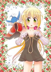 1girl 2006 bird blonde_hair blue_bird blush breasts brown_dress cape commentary_request cowboy_shot creator_(ragnarok_online) dress filir_(ragnarok_online) floral_border flower gloves green_eyes holding holding_unworn_clothes holding_unworn_dress long_hair open_mouth panties ragnarok_online red_cape red_flower short_dress simple_background small_breasts solo strapless strapless_dress tachibana_sakuya_(matsurika) underwear unworn_cape unworn_dress white_gloves white_panties