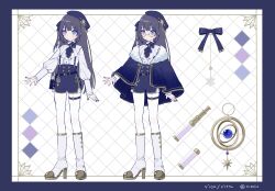 Rule 34 | 1girl, beret, blue border, blue bow, blue bowtie, blue cloak, blush, boots, border, borrowed character, bow, bowtie, brown hair, cloak, closed mouth, commentary request, commission, frilled sleeves, frills, full body, glasses, grid background, hat, high heel boots, high heels, highres, long hair, long sleeves, multiple views, myon rio, nail polish, original, purple eyes, purple hat, purple nails, purple shorts, shirt, shorts, skeb commission, standing, suspender shorts, suspenders, telescope, thigh strap, white background, white boots, white shirt