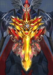 alternate_form blurry blurry_background bryweludramon digimon digimon_(creature) durandamon feathered_wings forehead_jewel helmet highres knight ragnalordmon shield sword weapon winged_helmet wings zxr0t
