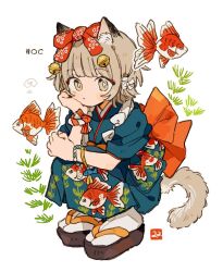 1girl animal_ear_fluff animal_ears animal_print artist_logo bell black_sandals blue_kimono blunt_bangs bright_pupils brown_hair cat_ears cat_girl cat_tail closed_mouth fish fish_print full_body hair_bell hair_ornament highres japanese_clothes kimono logo looking_at_viewer okobo original platform_sandals print_kimono sandals short_hair short_sleeves simple_background socks solo tabi tail white_background white_pupils white_socks yellow_eyes zettai_22