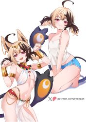 1girl absurdres ahoge alternate_costume ancient_egyptian_clothes animal_ear_piercing animal_ears arms_between_legs bare_legs bare_shoulders black_tail blonde_hair blue_shorts bracelet breasts brown_hair camisole closed_mouth commentary contrapposto cyanzan dog_ears dolphin_shorts fang feet gigi_murin gold_armlet gold_bracelet gold_headband hair_ornament hairclip harem_outfit highres hololive hololive_english huge_ahoge jewelry kemonomimi_mode kneeling looking_at_viewer medium_breasts micro_shorts multicolored_hair multiple_views navel open_mouth patreon_logo patreon_username paw_pose pelvic_curtain pink_eyes see-through_clothes short_twintails shorts skin_fang smile standing stomach teeth tiptoes turning_head twintails twitter_x_logo two-tone_hair upper_teeth_only usekh_collar v_arms virtual_youtuber watermark web_address white_camisole