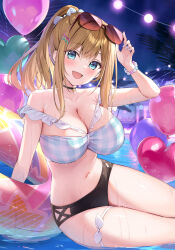 1girl :d balloon bead_bracelet beads bikini black_bikini black_choker blue_bikini blue_eyes blush bracelet breasts brown_hair choker cleavage commentary_request eyewear_on_head hair_ornament hairclip heart_balloon highres innertube jewelry large_breasts long_hair looking_at_viewer mismatched_bikini navel night open_mouth original oryo_(oryo04) outdoors palm_tree ponytail pool sidelocks sitting smile solo sunglasses swim_ring swimsuit thighs tree wet