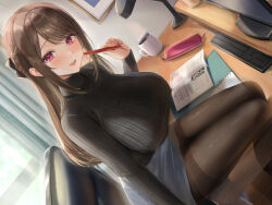 1girl blush book bow braid breasts brown_hair coffee coffee_mug computer_keyboard cup grey_skirt hair_bow highres indoors large_breasts long_hair looking_at_viewer mug open_mouth original pantyhose pen pink_eyes ribbed_sweater sakamuke shirt sitting skirt smile solo sweater turtleneck turtleneck_shirt