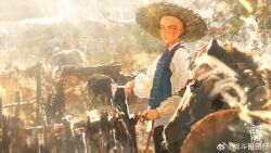 1boy absurdres aqiu4682 bald bead_bracelet beads black_pants blue_vest bracelet brown_hat chinese_clothes closed_mouth collared_shirt cowboy_shot dated day expressionless farm fence hat hay highres holding holding_reins horse jewelry light_frown light_particles lips long_sleeves original outdoors pants puffy_long_sleeves puffy_sleeves reins shirt signature sky slit_pupils solo standing straw_hat sun_hat sunlight thick_eyebrows tree vest watermark weibo_watermark white_shirt white_sky yellow_eyes