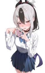 1girl :o alternate_costume black_choker black_hair blue_archive blue_bow blue_bowtie blue_skirt blush bow bowtie breasts bright_pupils choker collarbone commentary_request demon_horns demon_wings diagonal-striped_bow diagonal-striped_bowtie diagonal-striped_clothes double-parted_bangs ear_piercing earrings fingernails four-finger_heart_hands grey_hair hair_between_eyes halo heart heart_hands heart_in_heart_hands highres horns jewelry kayoko_(blue_archive) long_hair long_sleeves looking_at_viewer mole mole_on_collarbone multicolored_hair nail_polish piercing pleated_skirt ponytail ran_(gcrm8377) red_eyes school_uniform shirt shirt_tucked_in simple_background single_wing skirt small_breasts solo striped_clothes sweatdrop thighs two-tone_hair white_background white_pupils white_shirt wings