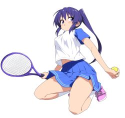 1girl ball breasts commentary highres holding holding_tennis_racket kneeling long_hair medium_breasts navel oshimoto_yuri parted_lips pink_shoes pleated_skirt ponytail purple_eyes purple_hair racket shirt shoes short_sleeves sidelocks simple_background skirt socks solo teekyuu tennis_ball tennis_racket white_background white_socks yachima_tana