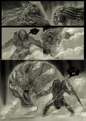 absurdres alien armor claws crossover deviljho dinosaur doshaguma dreadlocks fangs gauntlets highres mask monochrome monster monster_hunter_(series) monster_hunter_wilds muscular open_mouth predator_(character) predator_(series) sharp_teeth shoulder_armor shoulder_cannon smoke tacuyanjun teeth weapon