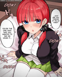 1girl bed black_jacket black_scrunchie blue_eyes blush breasts earrings english_text go-toubun_no_hanayome green_skirt hair_ornament hair_scrunchie hard-translated highres jacket jewelry large_breasts long_hair looking_at_viewer mame1645 nail_polish nakano_nino open_clothes open_jacket pink_nails red_hair scrunchie shirt sitting skirt speech_bubble thighhighs thighs third-party_edit translated white_shirt white_thighhighs