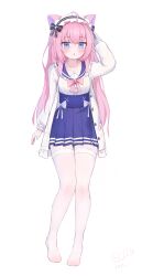 Rule 34 | 1girl, 2024, absurdres, ahoge, animal ears, aqua bow, aqua nails, arm at side, black bow, blue eyes, blue sailor collar, blue skirt, blush, bow, bow skirt, bowtie, cat ears, cat girl, chestnut mouth, chinese commentary, collarbone, colored inner animal ears, commentary request, cross, cross necklace, dated, eyelashes, eyes visible through hair, feet, frilled hairband, frilled shirt collar, frills, full body, hair between eyes, hair bow, hair intakes, hairband, hand up, heart, high-waist skirt, highres, hololive, jacket, jewelry, kemonomimi mode, knees together feet apart, lolita hairband, long hair, long sleeves, looking at viewer, minato aqua, nail polish, necklace, no shoes, open clothes, open jacket, open mouth, pantyhose, pink bow, pink bowtie, pink hair, pleated skirt, sailor collar, school uniform, serafuku, shirt, sichuan luo li, sidelocks, signature, simple background, skirt, solo, standing, straight hair, thighband pantyhose, very long hair, virtual youtuber, white background, white jacket, white pantyhose, white shirt