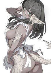 1girl apron ass au_ra blush breasts cropped_legs dark_skin final_fantasy final_fantasy_xiv green_eyes highres large_breasts looking_at_viewer naked_apron original pink_nails scales semi-rimless_eyewear shirt sideboob simple_background smile solo star_(symbol) tail torisanff14 under-rim_eyewear white_apron white_shirt
