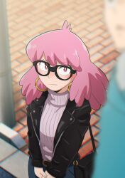 1girl absurdres bag black_jacket boku_no_hero_academia earrings glasses handbag haneyama_kazuho highres jacket jewelry kurohana14 looking_at_another looking_up pink_eyes pink_hair shirt simple_background solo turtleneck turtleneck_shirt v_arms vigilante_-boku_no_hero_academia:_illegals-