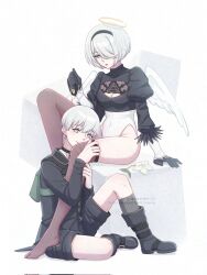Rule 34 | 1boy, 1girl, 2b (nier:automata), 9s (nier:automata), adversarial noise, angel wings, black boots, black hairband, black jacket, black shorts, blue eyes, blush, boots, breasts, cleavage, cleavage cutout, clothing cutout, commentary, english commentary, hair over one eye, hairband, halo, hetero, highleg, highleg leotard, highres, hugging another&#039;s leg, jacket, lamdanthefish, leotard, mole, mole under mouth, nier:automata, nier (series), no shoes, puffy sleeves, red lips, short hair, shorts, sitting, small breasts, thighhighs, twitter username, watermark, white hair, wings