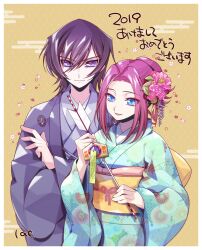 Rule 34 | 1boy, 1girl, 2019, arrow (projectile), artist name, bare shoulders, black hair, blue eyes, blue kimono, closed mouth, code geass, commentary, dated, floral background, flower, hair between eyes, hair flower, hair ornament, happy new year, holding, holding arrow, japanese clothes, kimono, kouzuki kallen, lac., lelouch vi britannia, looking at object, looking at viewer, new year, open mouth, purple eyes, red hair, sidelocks, smile, tongue, translation request