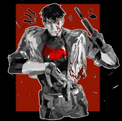 bat_signal batman_(series) batman_symbol black_bodysuit black_gloves black_hair blood blood_on_clothes blood_on_face bodysuit brown_jacket dc_comics gloves grey_bodysuit guoba7777 highres jacket jason_todd male_focus muscular muscular_male open_clothes pants red_hood_(dc) red_hood_and_the_outlaws short_hair superhero_costume taut_bodysuit two-tone_bodysuit