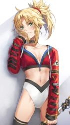 1girl blonde_hair blush braid breasts cleavage closed_mouth collar commentary_request cropped_jacket fang fang_out fate/apocrypha fate_(series) female_focus green_eyes hair_ornament hair_scrunchie half_up_braid highleg highres long_hair long_sleeves looking_at_viewer midriff mordred_(fate) mordred_(fate/apocrypha) navel no_bra panties parted_bangs ponytail red_sweater scrunchie small_breasts solo sweater thighs tonee underwear white_panties