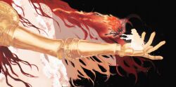 1boy 1girl black_background blonde_hair brother_and_sister bug butterfly dailynekob0t elden_ring head_out_of_frame highres in_palm insect long_hair malenia_blade_of_miquella mechanical_arms miquella_(elden_ring) outstretched_arm outstretched_arms prosthesis prosthetic_arm red_butterfly red_hair siblings size_difference