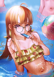 3girls ahoge ball beachball bikini breasts collarbone eating food food_in_mouth food_print frilled_bikini frills fruit_print glasses highres holding holding_food holding_popsicle juvylatte looking_at_viewer multiple_girls navel orange_hair out_of_frame outdoors persona persona_5 popsicle popsicle_in_mouth purple_eyes sakura_futaba small_breasts solo_focus stomach strawberry_print swimsuit wading water wet yellow_bikini