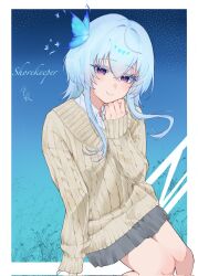 1girl alternate_costume blue_hair brown_sweater character_name chinese_commentary closed_mouth collared_shirt colored_eyelashes commentary_request corrupted_twitter_file grey_skirt highres light_blush long_hair looking_at_viewer purple_eyes purple_pupils shirt shorekeeper_(wuthering_waves) skirt smile solo sweater white_shirt wuthering_waves wuye_z