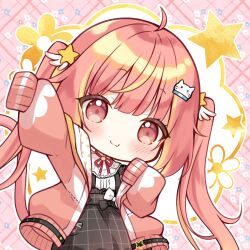1girl ahoge black_skirt blonde_hair blunt_bangs blush cardigan cat_hair_ornament chibi chibi_only closed_mouth cowboy_shot fang gingham_skirt hair_ornament highres hira_hikari long_hair looking_at_viewer multicolored_hair nanashi_inc. neck_ribbon open_cardigan open_clothes pink_background pink_hair pink_sweater red_ribbon ribbon shirt skin_fang skirt sleeves_past_fingers sleeves_past_wrists smile solo star_(symbol) sweater twintails two-tone_hair usaba_(usabara_c) virtual_youtuber white_shirt