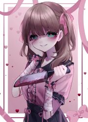 1girl aegyo_sal aqua_eyes bandaged_wrist bandages black_skirt blood bloody_bandages bloody_knife blush border bow brown_hair buttons center_frills crazy_smile diamond_button frills hair_ribbon hand_on_own_cheek hand_on_own_face heart heart-shaped_pupils high-waist_skirt highres holding holding_knife idolmaster idolmaster_cinderella_girls jirai_kei jishou_210 knife looking_at_viewer pink_background pink_shirt puffy_short_sleeves puffy_sleeves ribbon sakuma_mayu shirt short_hair short_sleeves skirt smile solo symbol-shaped_pupils two_side_up white_background wristband