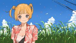1girl aircraft airplane blonde_hair blue_sky breasts cleavage closed_mouth cloud day floral_print grass highres mashiro_ka open_clothes open_shirt original outdoors shirt short_hair short_sleeves sky smile solo summer twintails upper_body