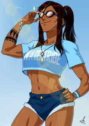 1girl absurdres arm_tattoo avatar_legends bracelet breasts brown_hair commentary cowboy_shot cropped_shirt dark-skinned_female dark_skin denim denim_shorts english_commentary highres jewelry korra mastrocecchi medium_breasts midriff navel necklace ponytail short_shorts short_sleeves shorts smirk solo tattoo the_legend_of_korra toned watermark