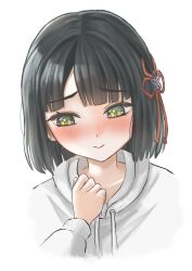 1girl absurdres averting_eyes black_hair blunt_bangs blunt_ends blush bob_cut collarbone commentary flower flower_knot hair_flower hair_ornament highres hood hoodie link!_like!_love_live! long_sleeves looking_down love_live! momose_ginko momose_ginko_(summer_training_wear) nose_blush official_alternate_costume ponyou1030 raised_inner_eyebrows short_hair simple_background solo virtual_youtuber white_background white_hoodie