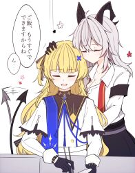 2girls armband black_armband black_bow black_collar black_gloves black_horns black_pants black_tail blonde_hair blue_sash blush bow breasts cleavage closed_eyes collar collarbone commentary_request curled_horns demon_tail gloves hair_between_eyes hair_bow hair_ornament highres horns long_sleeves multiple_girls necktie open_mouth pants phoebe_(wuthering_waves) red_necktie sash shirt shirt_tucked_in smile striped_bow tail tail_wagging translation_request undone_necktie white_shirt wuthering_waves x_hair_ornament zani_(wuthering_waves) zero_3b