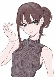 1girl bare_arms bloom_into_me15 breasts brown_hair closed_mouth earrings green_eyes grey_sweater hair_bun hand_up highres idolmaster idolmaster_cinderella_girls jewelry looking_at_viewer necklace shibuya_rin simple_background single_hair_bun sleeveless sleeveless_sweater solo sweater turtleneck turtleneck_sweater upper_body white_background