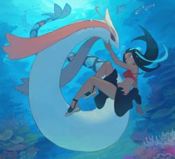 1girl air_bubble bare_shoulders bikini blue_eyes blue_eyeshadow blue_hair breasts bubble chorefuji coral dark-skinned_female dark_skin earrings eyeliner eyeshadow gen_1_pokemon gen_2_pokemon gen_3_pokemon gen_7_pokemon gym_leader hair_bun hoop_earrings jewelry legs long_hair makeup mantine milotic multicolored_hair nessa_(pokemon) nintendo ocean pokemon pokemon:_twilight_wings pokemon_(creature) pokemon_swsh red_bikini sandals sarong shellder single_hair_bun smile swimming swimsuit two-tone_hair underwater wishiwashi wishiwashi_(solo)