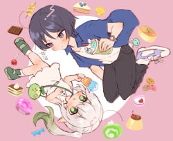 Rule 34 | 1boy, 1girl, alternate costume, arms at sides, bag, black hair, black pants, blue shirt, blunt ends, blush, border, bright pupils, cake, candy, candy apple, casual, cherry, chocolate, chocolate bar, closed mouth, collared dress, collared shirt, colored tips, contemporary, cookie, cross-laced shoes, cross-shaped pupils, cup, dango, disposable cup, donut, dress, drinking straw, eyeliner, eyeshadow, food, fruit, genshin impact, gradient hair, green eyes, green hair, green shoes, handbag, hayashidadesu, holding, holding cup, holding ice cream cone, ice cream, ice cream cone, long hair, looking at another, makeup, multicolored hair, nahida (genshin impact), open clothes, open mouth, open shirt, oyster, pants, pie, pie slice, pink border, pudding, purple eyes, purple shoes, red eyeliner, red eyeshadow, scaramouche (genshin impact), shirt, shoes, side ponytail, sidelocks, sleeveless, sleeveless dress, slime (genshin impact), sneakers, socks, strawberry, symbol-shaped pupils, wagashi, watch, white background, white dress, white hair, white pupils, white socks, white undershirt, wispy bangs, wristwatch