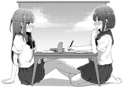 Rule 34 | 2girls, arm support, barefoot, between legs, blush, desk, feet, female footjob, greyscale, highres, implied masturbation, leg between thighs, long hair, looking at another, monochrome, multiple girls, na bia, on floor, original, paper, pen, pleated skirt, sailor collar, school uniform, seiza, short hair, short sleeves, sitting, sketch, skirt, toes, under table, yuri