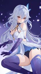 1girl arm_support black_shorts breasts chest_harness cleavage closed_mouth dress genshin_impact gloves grey_hair harness long_hair lying medium_breasts on_side purple_background purple_gloves purple_thighhighs red_eyes rrr_gns_(riuriu_1212) shorts skirk_(genshin_impact) solo thighhighs thighs white_dress