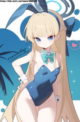 1girl absurdres animal_ears black_halo blonde_hair blue_archive blue_bow blue_eyes blue_leotard bow bowtie braid collar commentary cowboy_shot fake_animal_ears green_bow green_bowtie groin hair_bow half_up_braid halo hand_on_own_hip heart highres leotard long_hair looking_at_viewer momobug22 playboy_bunny rabbit_tail signature solo sparkle spoken_heart strapless strapless_leotard tail toki_(blue_archive) very_long_hair