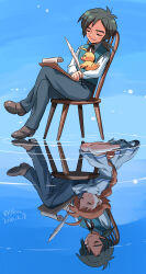 1boy 1girl absurdres ahiru_(duck)_(princess_tutu) ahiru_(princess_tutu) ahoge animal_on_arm artist_name belt bird black_belt black_hair black_pants black_shoes blue_background blue_vest blush_stickers bobby_socks brown_shoes chair closed_eyes commentary crossed_legs dated different_reflection dress dual_persona duck fakir_(princess_tutu) full_body highres holding holding_quill isedaichi_ken loafers low_ponytail notepad object_on_lap orange_hair pants paper ponytail princess_tutu quill reflection reflective_water ripples shirt shoes short_ponytail sitting sleeping sleeping_on_person sleeping_upright smile socks twitter_username vest water white_dress white_shirt white_socks yokozuwari