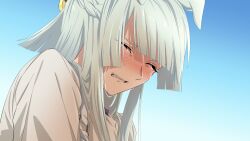 1girl animal_ears blue_hair blush braid clenched_teeth closed_eyes crying ears_down fujimasa_march_(umamusume) gradient_background half_up_braid highres horse_ears long_hair shirt solo streaming_tears tears teeth umamusume umamusume:_cinderella_gray upper_body white_shirt yangmal_(uma_red_sheep)