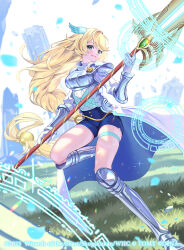 1girl aqua_eyes arm_armor armor armored_boots armored_dress bike_shorts blonde_hair boots braid breastplate breasts copyright_notice dress duel_masters duel_masters_play&#039;s ekusiun elena_(duel_masters) gloves grass hair_ornament highres holding holding_weapon leg_armor long_braid long_hair looking_at_viewer magic_circle official_art open_mouth outdoors pauldrons petals polearm shoulder_armor single_braid solo spear standing standing_on_one_leg teeth thigh_strap very_long_hair weapon white_gloves