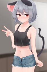Rule 34 | 1girl, alternate costume, animal ears, blue shorts, blurry, blurry background, blush, breasts, closed mouth, commentary, cowboy shot, crop top, dakuazu, denim, denim shorts, grey hair, looking at viewer, midriff, mouse ears, mouse girl, mouse tail, navel, nazrin, open fly, paid reward available, red eyes, short hair, short shorts, shorts, small breasts, solo, symbol-only commentary, tail, tank top, touhou, v