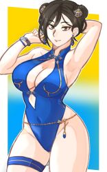 1girl absurdres blue_one-piece_swimsuit bracelet breasts brown_eyes brown_hair capcom chinese_hairpin chun-li cleavage cleavage_cutout closed_mouth clothing_cutout collarbone covered_navel double_bun ear_piercing earrings eyebrows_hidden_by_hair eyes_visible_through_hair eyeshadow hair_bun hair_ornament hairpin highleg highleg_one-piece_swimsuit highres jewelry large_breasts lipstick looking_at_viewer makeup medium_hair multiple_hairpins official_alternate_costume official_alternate_hairstyle one-piece_swimsuit piercing pink_lips red_eyeshadow sleeveless sleeveless_turtleneck smile solo standing street_fighter street_fighter_6 swimsuit thigh_strap tridisart turtleneck waist_jewel