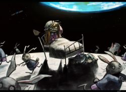 2girls ? animal_ears bed blonde_hair rabbit earth_(planet) hat inaba_tewi koto_inari maribel_hearn mob_cap moon multiple_girls on_moon planet rabbit_ears reisen running satellite shirt skirt space spoken_question_mark touhou