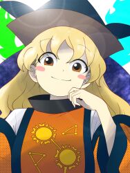 1girl blonde_hair constellation constellation_print edwardmidori hat hidden_star_in_four_seasons highres long_hair looking_at_viewer matara_okina orange_sleeves solo sun_symbol tabard touhou