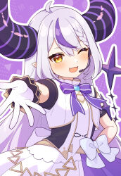 1girl absurdres ahoge alternate_costume bare_shoulders black_horns braid braided_bangs commentary detached_sleeves fangs gloves grey_hair hand_on_own_hip hayamaro65 headset highres hololive hololive_idol_uniform_(origin) horns la+_darknesss long_hair multicolored_hair official_alternate_costume one_eye_closed pointy_ears purple_hair reaching reaching_towards_viewer solo streaked_hair striped_horns virtual_youtuber white_gloves yellow_eyes