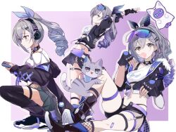 1girl bandaid bare_legs black_boots black_gloves black_jacket black_thighhighs blowing_bubbles boots cat chewing_gum commentary_request crop_top cropped_jacket eyewear_on_head fingerless_gloves fishnets fur-trimmed_jacket fur_trim gloves grey_hair highres honkai:_star_rail honkai_(series) jacket looking_at_viewer midriff multiple_views navel off_shoulder saint_laurent_paris shirt silver_wolf_(honkai:_star_rail) silver_wolf_(samsung)_(honkai:_star_rail) sitting stomach thigh_strap thighhighs thighs white_shirt