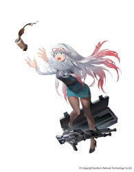 Rule 34 | 1girl, black pantyhose, black shoes, black vest, closed mouth, coffee, collared shirt, commentary, cup, disposable coffee cup, disposable cup, english commentary, floating liquid, general dynamics lwmmg, girls&#039; frontline, glasses, gradient hair, green hairband, green necktie, green skirt, gun, hairband, high heels, highres, holding, holding paper, id card, looking at viewer, lwmmg (girls&#039; frontline), lwmmg (salary wizard) (girls&#039; frontline), machine gun, multicolored hair, necktie, official alternate costume, official art, open clothes, pantyhose, paper, pencil skirt, pink hair, red-framed eyewear, rff (3 percent), shirt, shoes, simple background, skirt, smile, solo, true velocity rm338, vest, weapon, weapon case, white background, white hair, white shirt