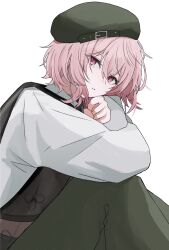 1girl 961_kuru commentary_request earphones hair_between_eyes hat highres long_sleeves looking_at_viewer messy_hair mob_cap nqrse pink_hair red_eyes short_hair simple_background sitting watermark